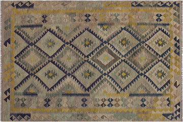 Flat Weave Kilim, Antique, Navaho, Vintage, Handmade, Geometric Kilim Gray Gold Hand-Woven Rectangle 100% Wool Area Rug 6 x 8